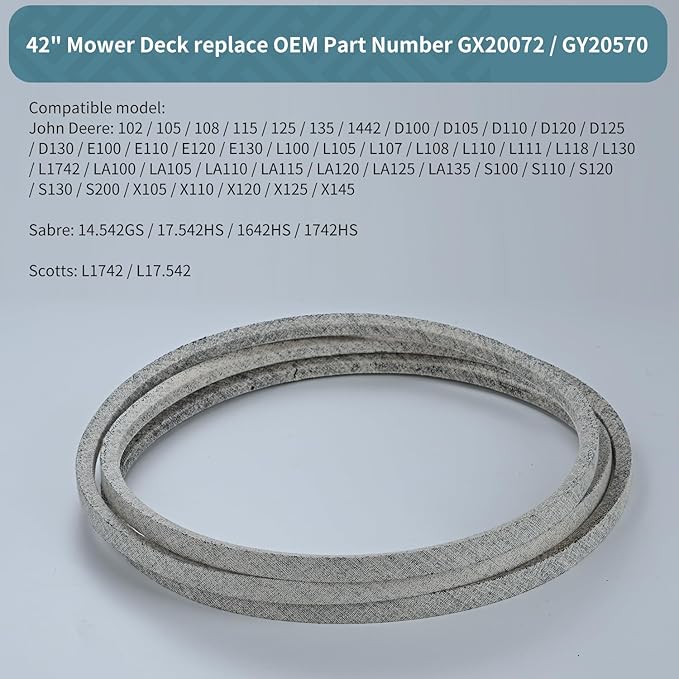 1/2 x 103'' Mower Deck Belt GX20072/GY20570, for John Deere D100 D105 D110 D125 D130 L100 L110 E100 E110 E120 E130 LA105 LA110 LA115 LA135 L1742 S100 1642HS 1742HS (GX20072)