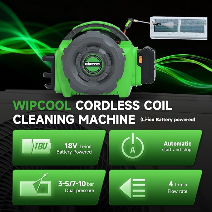 Portable HVAC Cordless Coil Cleaning Machine, 18V Lithium-Ion 80W Electric Pressure Washer Jet Cleaner, Flow Rate 4L/min 3-5/7-10 bar Dual Pressure