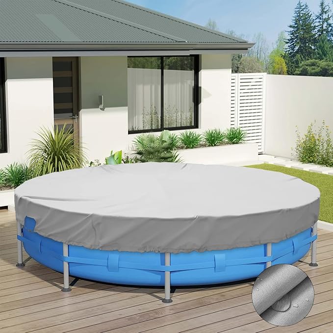ECOOPTS 11 ft Waterproof Round Polyester Pool Cover for Above Ground Pools, Swimming Pool Cover Protector Winter Safety Cover (Light Grey)