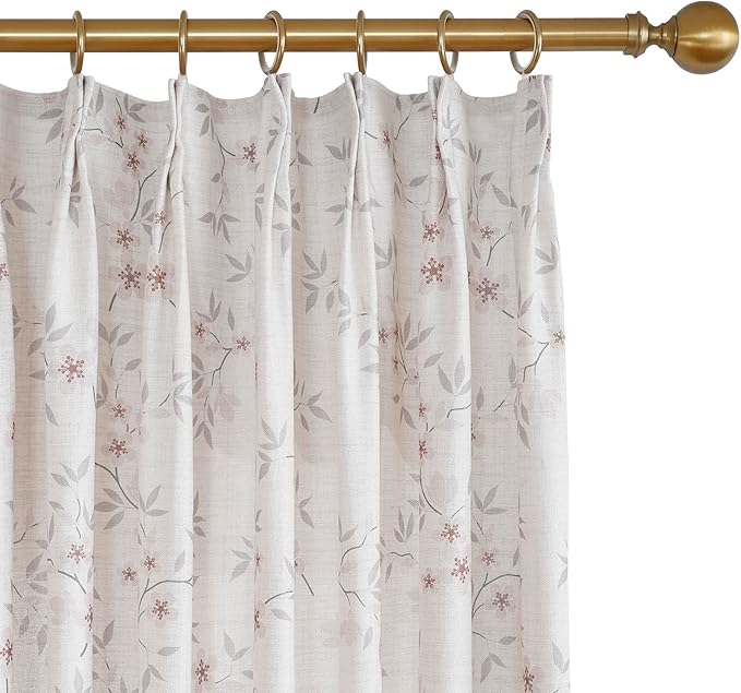 Pink Floral Pinch Pleated Linen Curtains - 2 Panels of Privacy Light-Filtering Printed Curtains Suitable for Dining Rooms and Farmhouses.52 Inches Wide by 84 Inches Long
