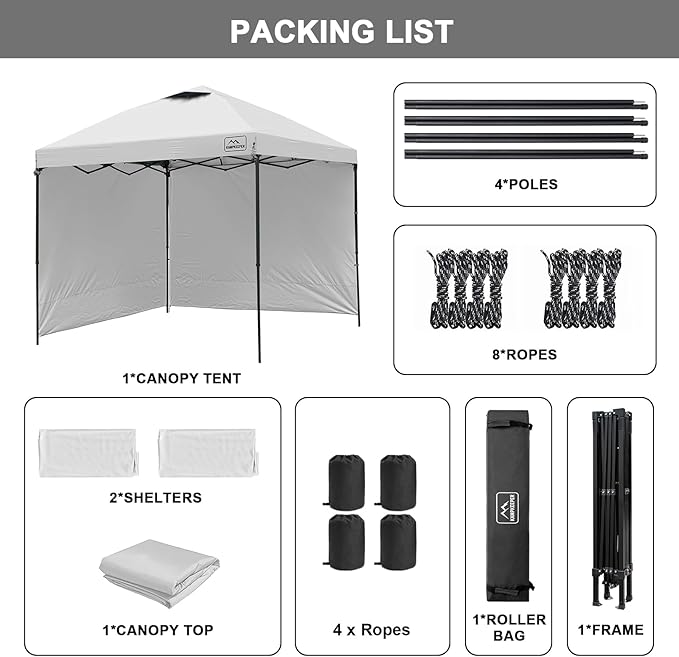 KAMPKEEPER 10x10 Easy Pop Up Canopy Tent with Sidewalls, Instant Outdoor Shade Shelter with Removable 10FT Sun Walls, Quick Setup Waterproof and UV-Resistant for Patio (White, 2 sidewall)