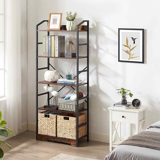 Vagusicc 5 Tier Bookshelf with 2 Storage Baskets, Tall Bookcase Shelf Storage Organizer Wood Book Shelf, Modern Shelf Rack Shelves with Steel Frame, Multipurpose Bookshelf for Bedroom Living Room