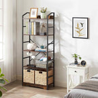 Vagusicc 5 Tier Bookshelf with 2 Storage Baskets, Tall Bookcase Shelf Storage Organizer Wood Book Shelf, Modern Shelf Rack Shelves with Steel Frame, Multipurpose Bookshelf for Bedroom Living Room