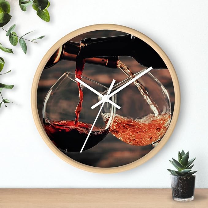 Mozingo ~ Wine Clock for Kitchen Bar Wall It's Wine O'clock Silent Time Gift Home Decor Made In USA, 10" (Hour Marks - None, Clock Frame Color - Natural Wood, Wine Theme #01)