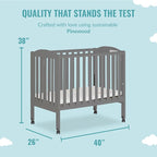 2-in-1 Portable Folding Stationary Side Crib in Storm Grey, Greenguard Gold Certified, Two Adjustable Mattress Height Positions,Made of Solid Pinewood, Flat Folding Crib