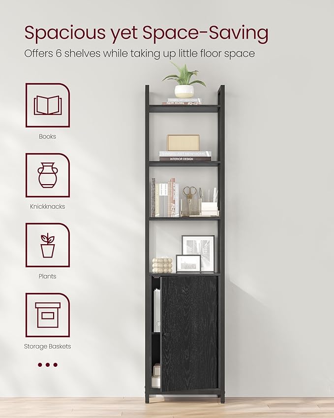 VASAGLE 6-Tier Bookshelf, Tall Bookcase with Door, Steel Frame, Adjustable Shelves, 9.4 x 15.7 x 62.8 Inches, Living Room Bedroom, Ebony Black and Ink Black ULLS132B01
