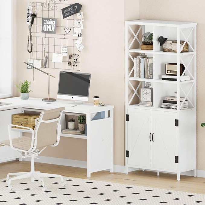 FATORRI Bookshelf with Doors, Modern Tall Bookshelf with Cabinet, Wood Book Shelf and Farmhouse Organizer Storage BookCase for Living Room (White Oak)