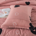 Love Pattern Girls Pink Comforter Set Twin Size, Cameo Brown Cute Love Heart Print Sexy Comforter Bedding Set for All Seasons, Geometric Soft Microfiber Comforter Set with Pillowcase