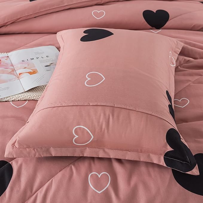 Queen Comforter Set Cameo Brown, Pink Cute Love Heart Sexy Comforter Bedding Set for All Seasons, Geometric Soft Microfiber 3 Pieces Comforter Set with Pillowshams