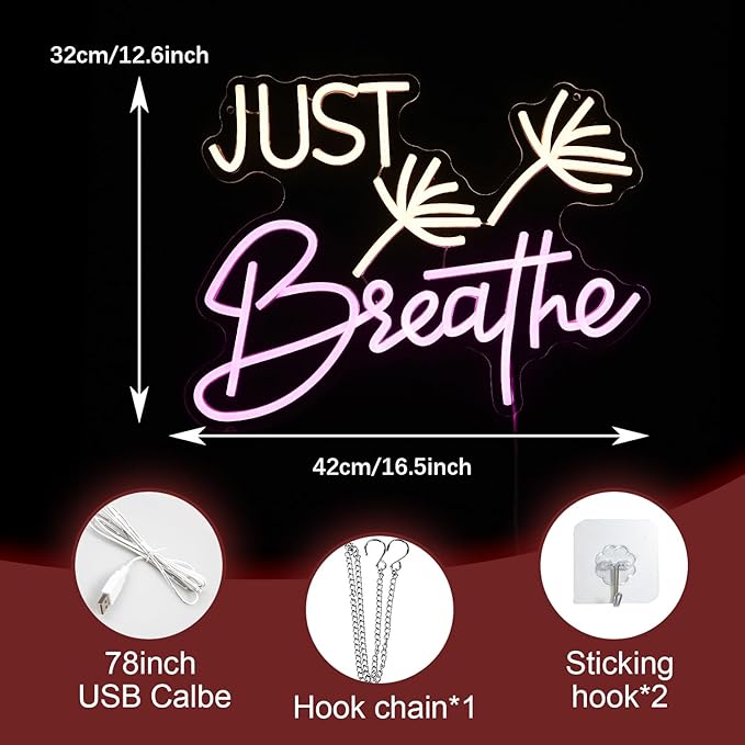 Just Breathe Neon Sign Dimmable Breathe Neon Signs Light Up Sign for Wall Decor LED Letters Neon Light by USB for Bedroom Yoga Studio Gym Reading Room(12.6 * 16.5In)