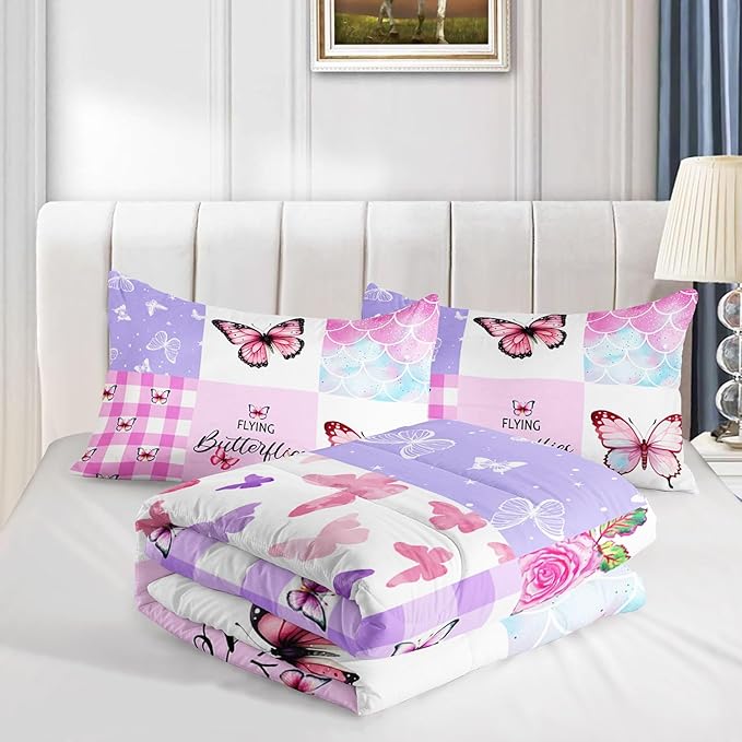 Datura home Kids Comforter Set Mermaid Scale Butterfly Printed Pattern Bedding Set with 1 Comforter and 2 Pillowcases for Girls Boys Bedroom All Season(Mermaid1 Full)