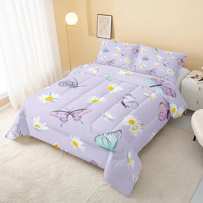 Butterfly Comforter Set for Kids Teens Girls Women,Daisy Kids Comforter,1 Comforter with 2 Pillowcase, Microfiber 3 Piece Bedding Set,for All Seasons(Purple，Twin Size)