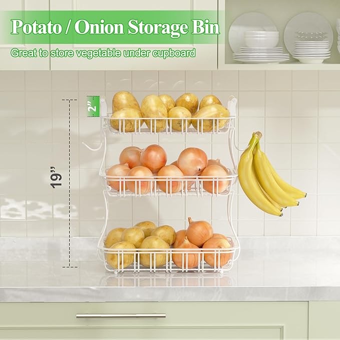 3 Tier Fruit Basket with 2 Banana Hooks, Large Capacity Multifunctional Detachable Sturdy Fruit Bowl with Wooden Handle Mesh Top for Kitchen Counter, for Bread Snacks Vegetables Produce, White