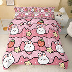 Kawaii Rabbit Comforter,Strawberry Rabbit Comforter Set for Kids Teens Girls,3Pcs Bedding Set Printed Comforter with 2 Pillowcases,Down Alternative,Soft and Lightweight(Pink，Twin Size)