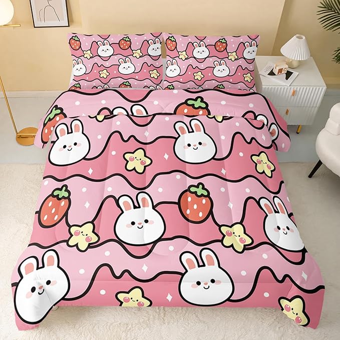 Kawaii Rabbit Comforter,Strawberry Rabbit Comforter Set for Kids Teens Girls,3Pcs Bedding Set Printed Comforter with 2 Pillowcases,Down Alternative,Soft and Lightweight(Pink，Twin Size)