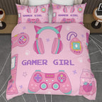 Video Game Queen Size Comforter Set for Girls Kids Teens 3D Gaming Controller Pattern Gamepad Print Bedding Set- 3 Piece Pink Quilt with 2 Pillowcases (90"x90")