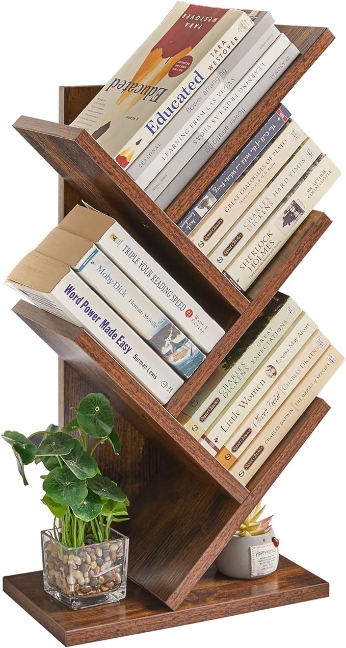 YMYNY 4 Tier Tree Bookshelf, Small Bookcase, Modern Wood Book Storage Rack, Freestanding Book shelf for Books/Movies/CDs, Narrow Display Rack for Living Room, Home Office, Rustic Brown UHBC014H