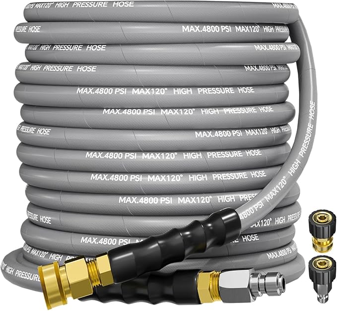 3/8" 4800PSI Pressure Washer Hose 50FT with Swivel Quick Connect for Cold/Hot Water Max 248°F, Kink Resistant Steel Wire Braided, Wear Resistant Power Washer Hose with M22 14mm Adapter