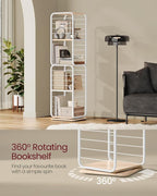 VASAGLE 4-Tier Rotating Bookshelf, Bookcase with Bookends for Small Spaces, Corner Shelf, Steel Frame, Natural Beige and Cloud White ULLS127W67