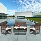 Outvita 4 Pieces Patio Furniture Set, Rattan Conversation Sets with Loveseat Soft Cushion and Glass Table for Garden Backyard Balcony Porch Poolside (Brown)