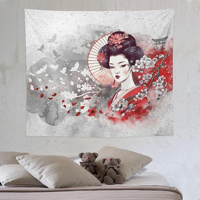 Japanese Geisha Tapestry Asian Red Cherry Blossom Traditional Kimono Folk Tapestries Home Decor for Living Room Bedroom Apartment Farmhouse Dorm 60"x50"