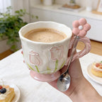 Ceramic Coffee MugEspresso Cup 14oz Pink Cute Flower withSpoon | novelty coffee mug，Glazed Ceramic Smooth Glossy Surface Lead ，Comes with Matching Spoon ，cute mugs for women