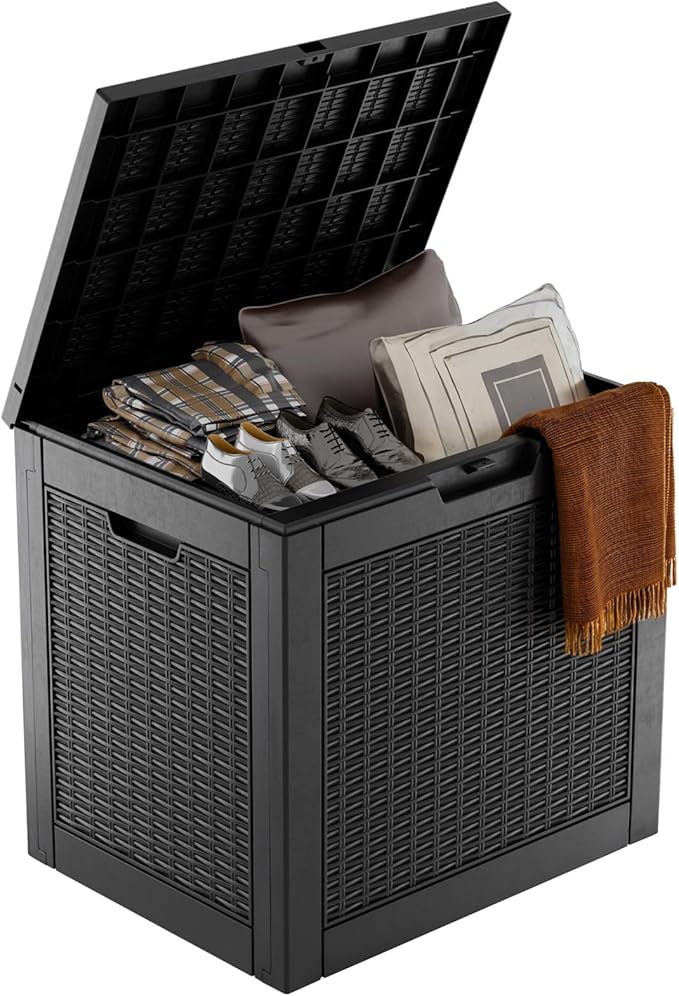 31 Gallon Waterproof Outdoor Resin Deck Box with Lockable Lid, Stylish Wicker Pattern, Easy Assembly Features and Convenient Handles For Patio Cushion, and other Patio Furniture (Black)