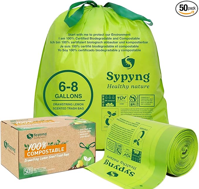Compostable Trash Bags 6-8 Gallon (50-Pack) – Heavy Duty, 1.1 Mil Thick, 100% Biodegradable Kitchen Waste Bags for Medium Bins | ASTM D6400, BPI & OK Compost HOME Certified, Eco-Friendly & Recyclable