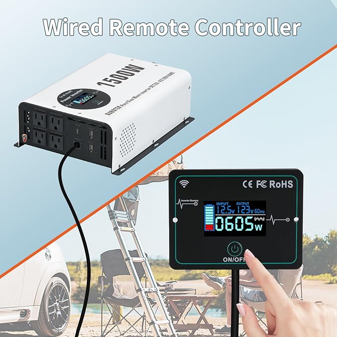 1500W Pure Sine Wave Power Inverter with Peak 3000W,12V to 120V AC Converter, Wireless Remote, 4 AC Outlets, 2 USB Ports and Type-C for RV, Solar Off-Grid