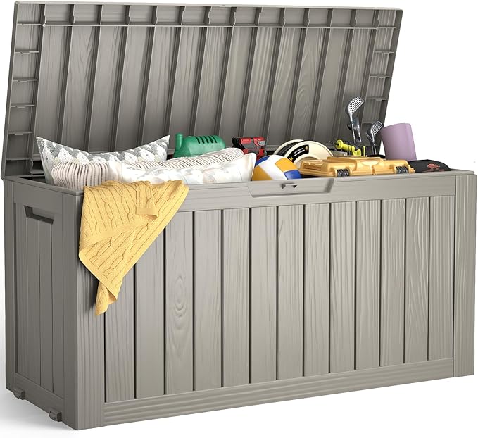 Outdoor Storage Box, 72 Gallon Deck Box Waterproof, Resin Patio Storage Bin for Package Delivery, Patio Furniture Cushion, Garden Tools, Pool Accessories, Weatherproof, Grey