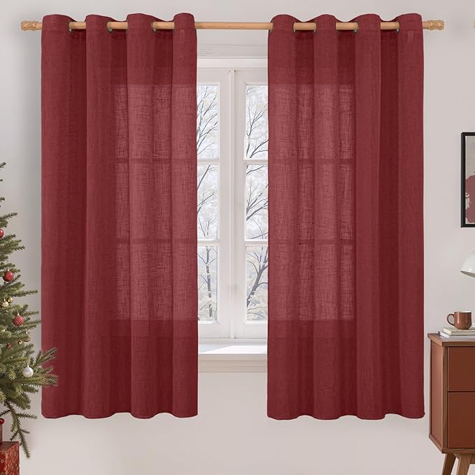 LAMIT Sheer Linen Curtains 63 Inch Length for Bedroom, Light Filtering Christmas Decor Panels Bronze Grommet Linen Textured Drapes for Living Room/Farmhouse, 2 Panels Set, 52 x 63 Inch, Burgundy Red