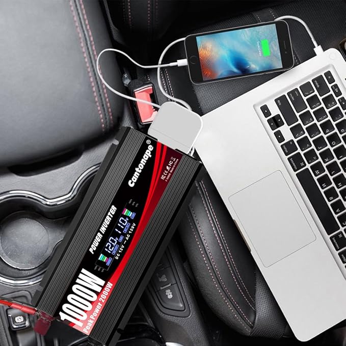 1000W/2000W(Peak) Car Power Inverter DC 12V to 110V/120V AC Converter with LCD Display Dual AC Outlets and Dual USB Car Charger for Car Camping Laptop Truck Black