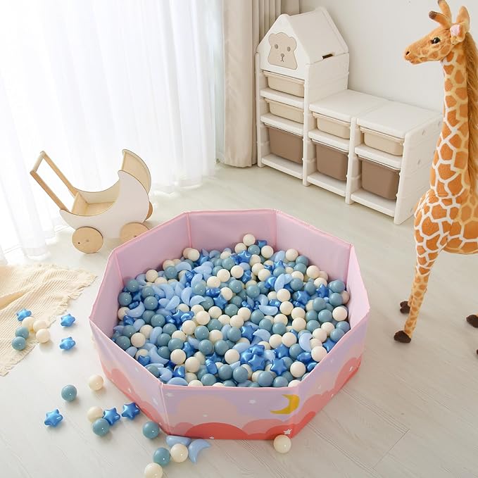 GOGOSO Ball Pit Balls Stars Moon Shapes Plastic Pitballs for Toddler Play Tent Baby Photo Props Kids Pool Water Toys Kiddie Pool Party Decor, Pearl Blue+Cream Blue+White,50PCS