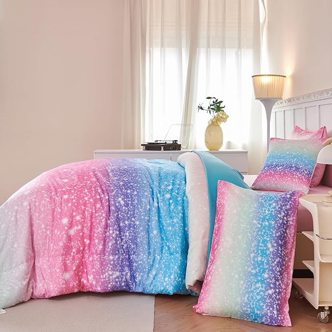 PERFEMET Rainbow Queen Comforter Set with Sheets, 6 Pieces Blue Green Bedding Sets for Girls, Tie Dye Ombre Bed Set for Bedroom Decoration, Lightweight All Season Bed in A Bag