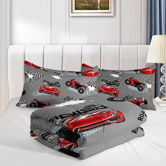 Axolotl Kid Comforter Set Full Size,Racing Car Bedding Set for Boys Girls Teen Car Racing Gifts,Race Cars Quilt Bed Set with 1 Comforter 2 Pillowcases,Red Grey
