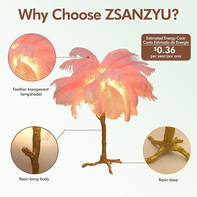 Ostrich Feather Desk Lamp Bedside Pink Cute Lamp Gold Resin Table Lamp, Coconut Tree Feather Lamp for Bedroom Living Room Hallway Wedding Girls Bedroom Night Light G4 Base