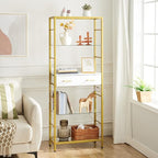 HOOBRO 5 Tier Bookcase, White and Gold Bookshelf with Drawer, Storage Shelves with Charging Station, Tempered Glass Bookshelf with Metal Frame, Open Display Shelves for Living Room, Gold DW65USJ01