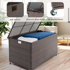 Outdoor 170 Gallon Water-Resistant Wicker Storage Box with Wheels, PE Rattan Deck Box with Waterproof Liner for Outside, Patio Storage Container with Hinged Lid, Horizontal Bin, Brown