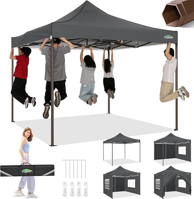 COBIZI 10x10 Pop Up Heavy Duty Canopy with 4 Sidewalls and Hexagonal Legs, Easy up Tent for Events, Parties, Camping, Outdoor Canopy with Portable Bag, Waterproof & UPF50+ (Gray)