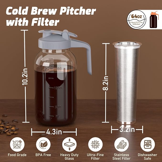 Cold Brew Coffee Maker, 64 oz Glass Mason Pitcher | 100μm stainless steel filter, wide mouth design, leak-proof lid with handle, pour spout for iced coffee, tea and cold drinks