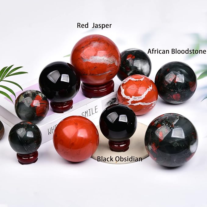 JIC Gem Small Crystal Sphere Ball Natural African Bloodstone Healing Crystal Ball with Decoation Stand for Fengshui Meditation Decoation (50-60mm)