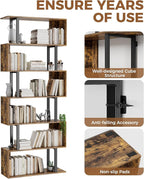 Gadroad 6 Tier Geometric Bookcase,S Shaped Bookshelf, Wood Decorative Storage Shelving, Modern Freestanding Display Shelves, Tall Book Shelf Unit for Living Room Bedroom, Rustic Brown