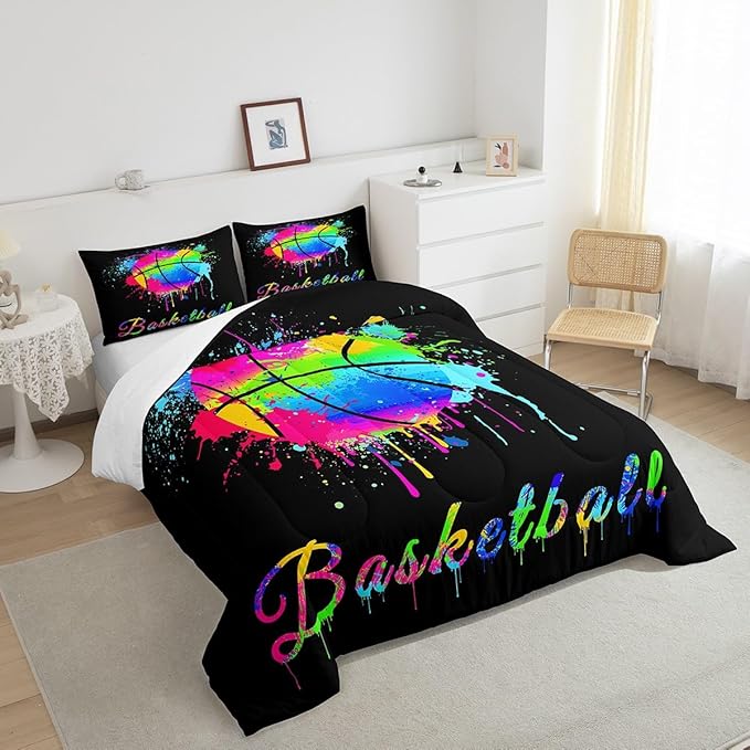 Feelyou Kids Basketball Comforter Set King Size Gaming Sports Bedding Set for Boys Girls Teens Bedroom Decor Ball Games Tie Dye Comforter Gift for Basketball Lover Duvet Set with 2 Pillow Case