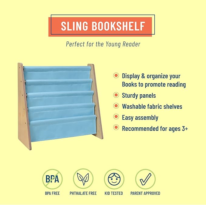 Wildkin Kids Canvas Sling Bookshelf for Boys and Girls, Wooden Design Features Four Fabric Shelves, Keep Bedrooms, Playrooms, and Classrooms Organized, an Ideal Kids Bookshelf (Natural w/Aqua)