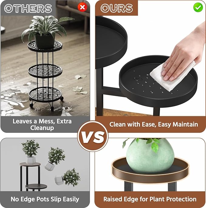 LASZOLA Black 3 Tier Plant Stand Indoor Heavy Duty Rack for Modern House Planter, Metal and Wooden Vertical Organizer Decor Narrow Bathroom Floor, Sturdy Multi Level Flower Holder Raised, Cat Proof