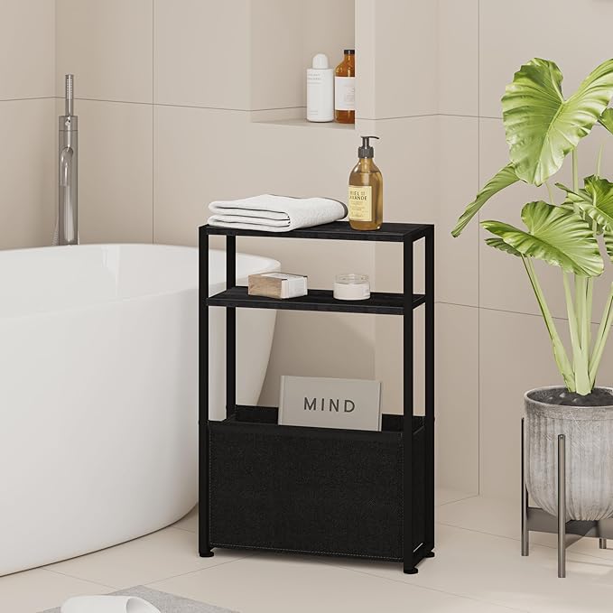 Black Side Table, Slim Side Table with Magazine Rack, Bathroom Table for Small Spaces, Narrow Bedside Table for Living Room, Bedroom