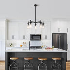 5 Lights Black Modern Farmhouse Chandelier for Dining Room with Glass Shade, Pre-Wired Height Adjustable Pendant Light Ceiling Lighting Fixture for Dining Living Room Bedroom Kitchen Foyer