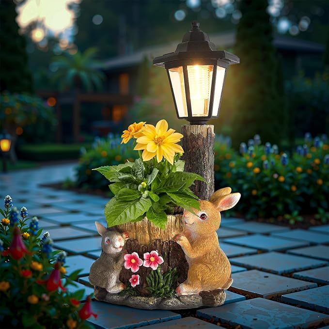 Solar Bunny Garden Stalue Outdoor, Rabbits Figurine Flowerpot Decolwith Solar Lantem for Yard Art Lawn Ornaments Porch Patio Balcony - Gardening Gifts for Women Mom