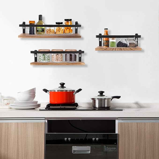 Floating Shelves Rustic Wood Wall Mounted Shelf Practical Metal Fence Design Ideal for Bedroom, Bathroom, Kitchen Set of 3(Carbonized Black)