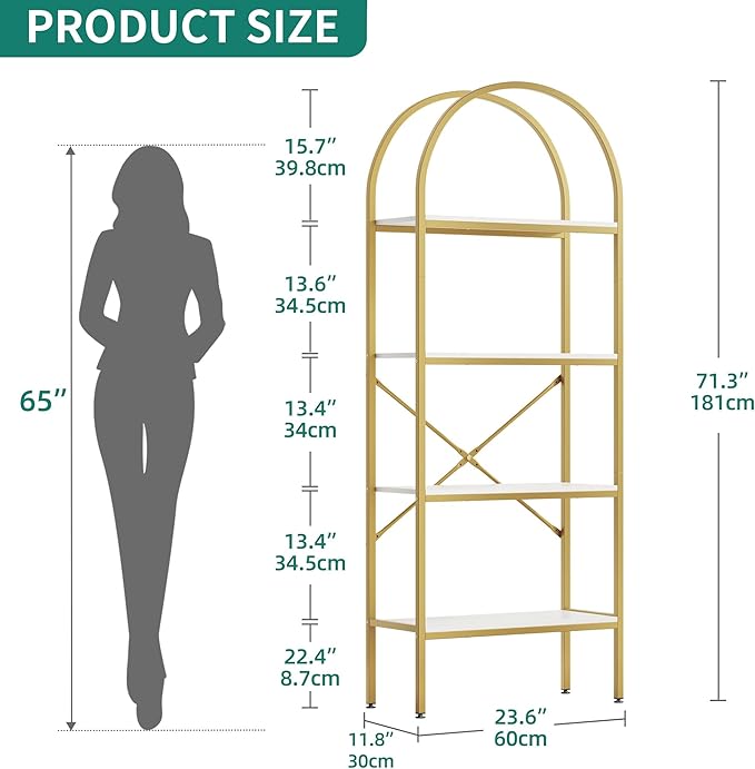 YITAHOME Gold Bookshelf and Bookcase, 71.3” Tall Modern Open Arched Book Shelf, 4-Tier Freestanding Storage Display Rack Shelves for Bedroom,Living Room,Office,Kitchen, White&Gold